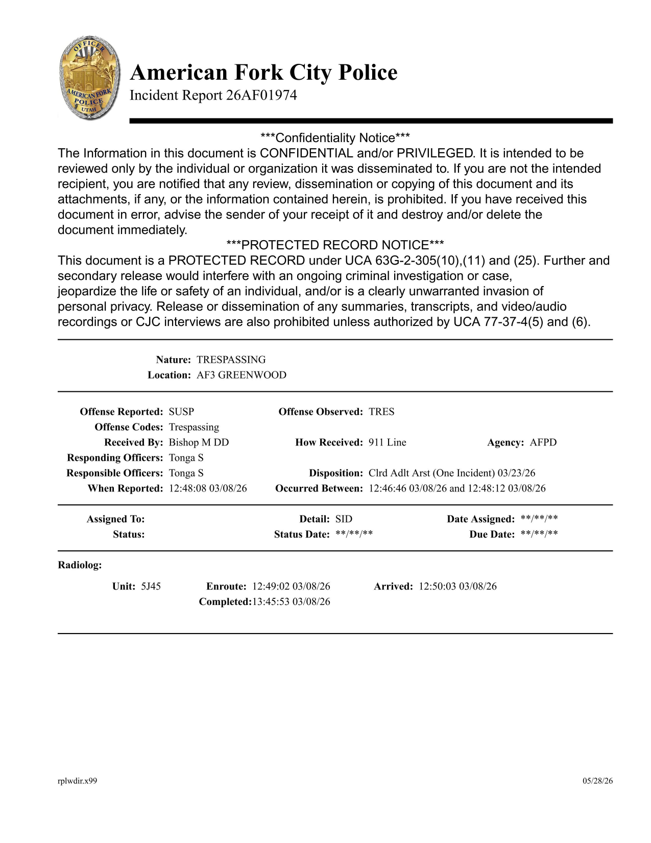 First page preview of American Fork Police 26AF01974 trespass incident report