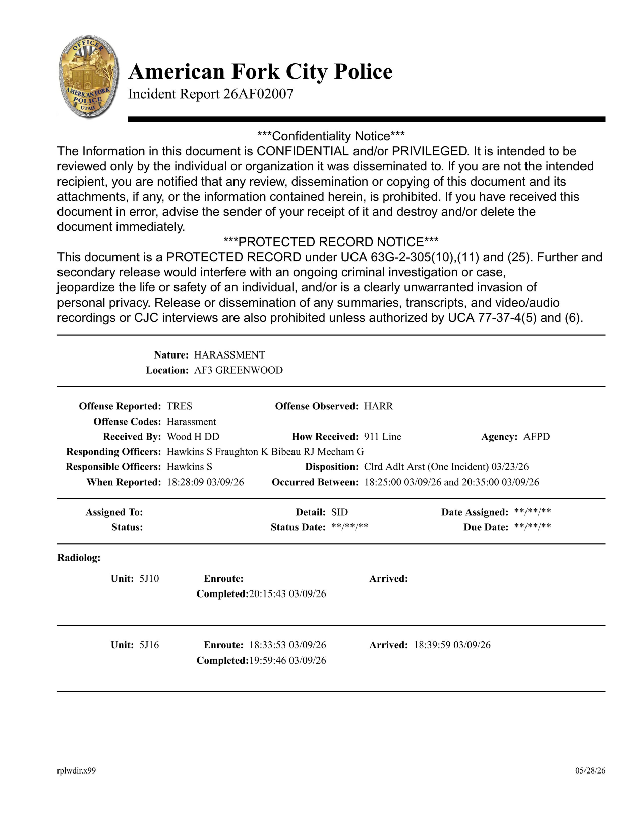 First page preview of American Fork Police 26AF02007 harassment incident report
