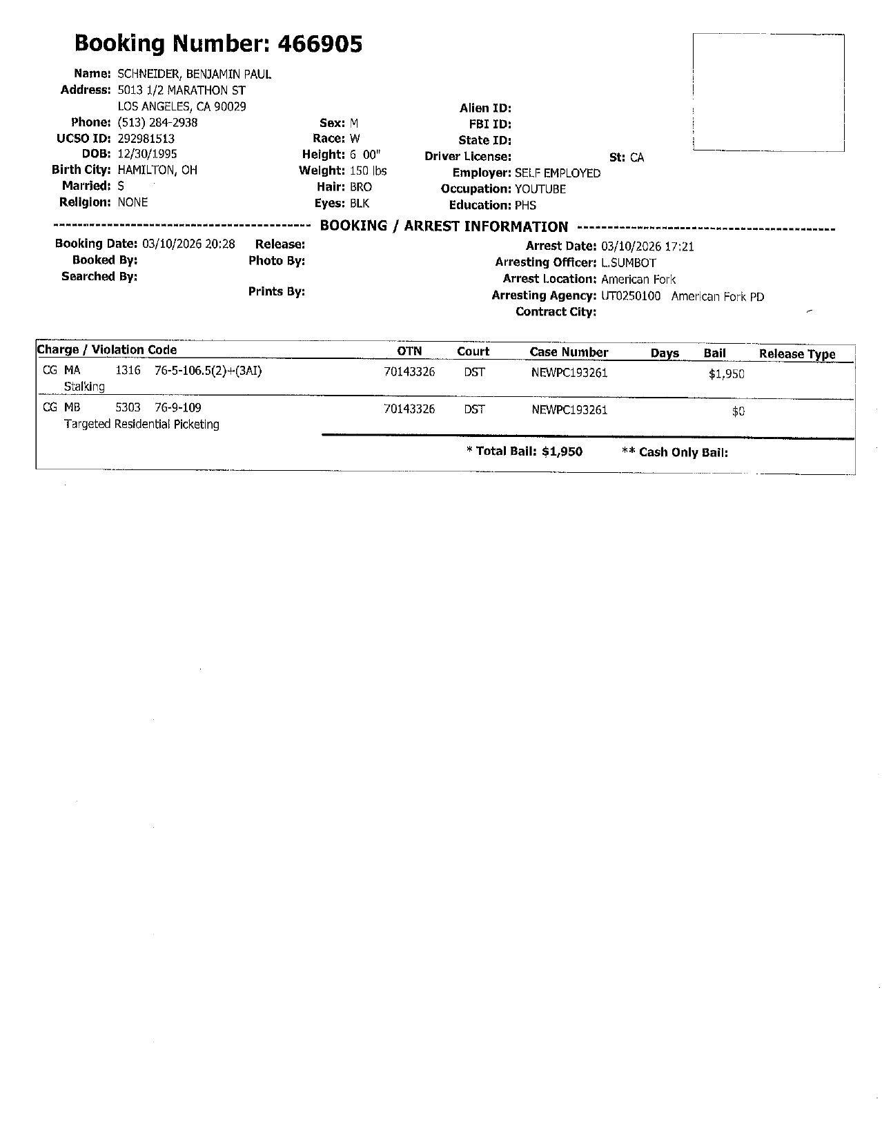 First page preview of American Fork Police 26AF02033 booking sheet