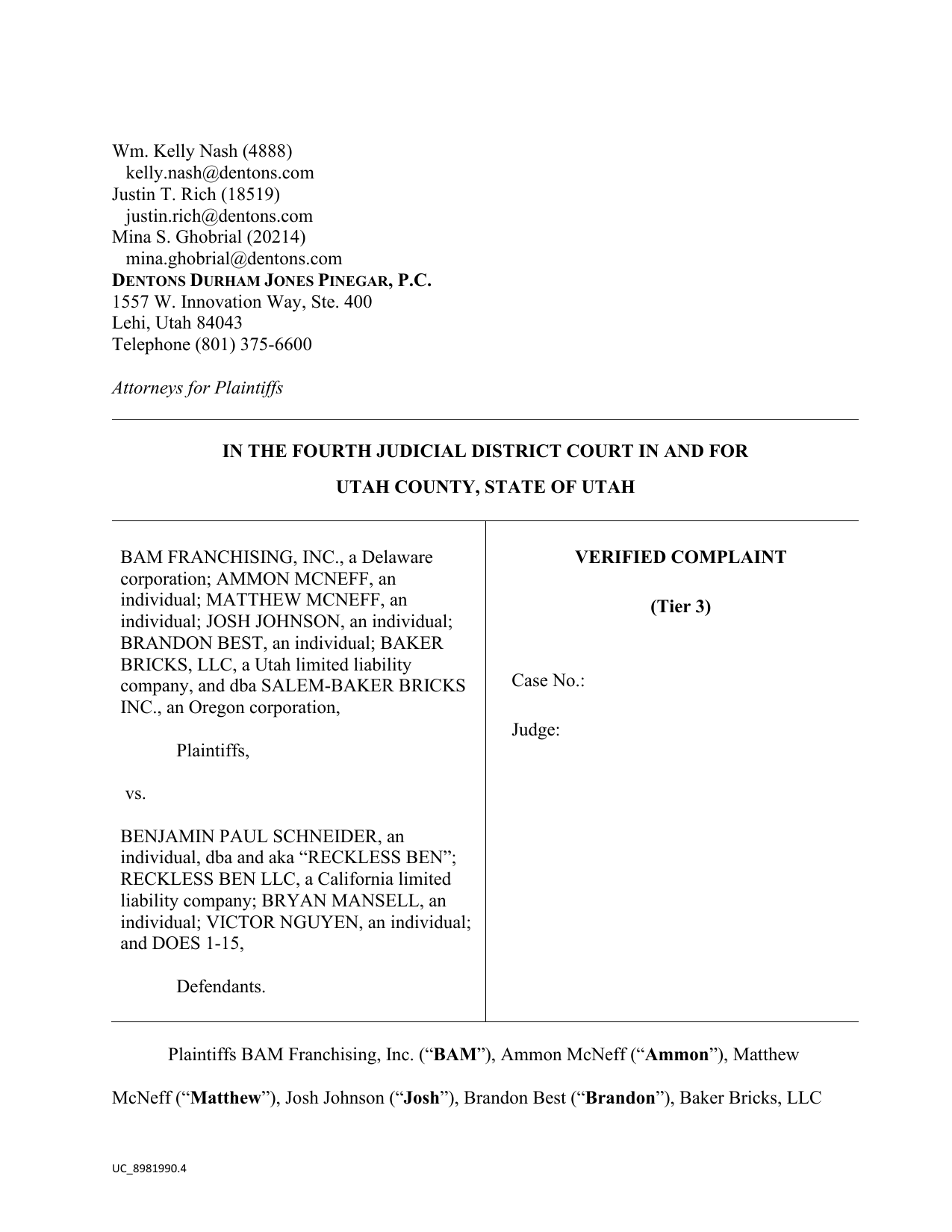 First page preview of Bricks & Minifigs v. Reckless Ben verified complaint