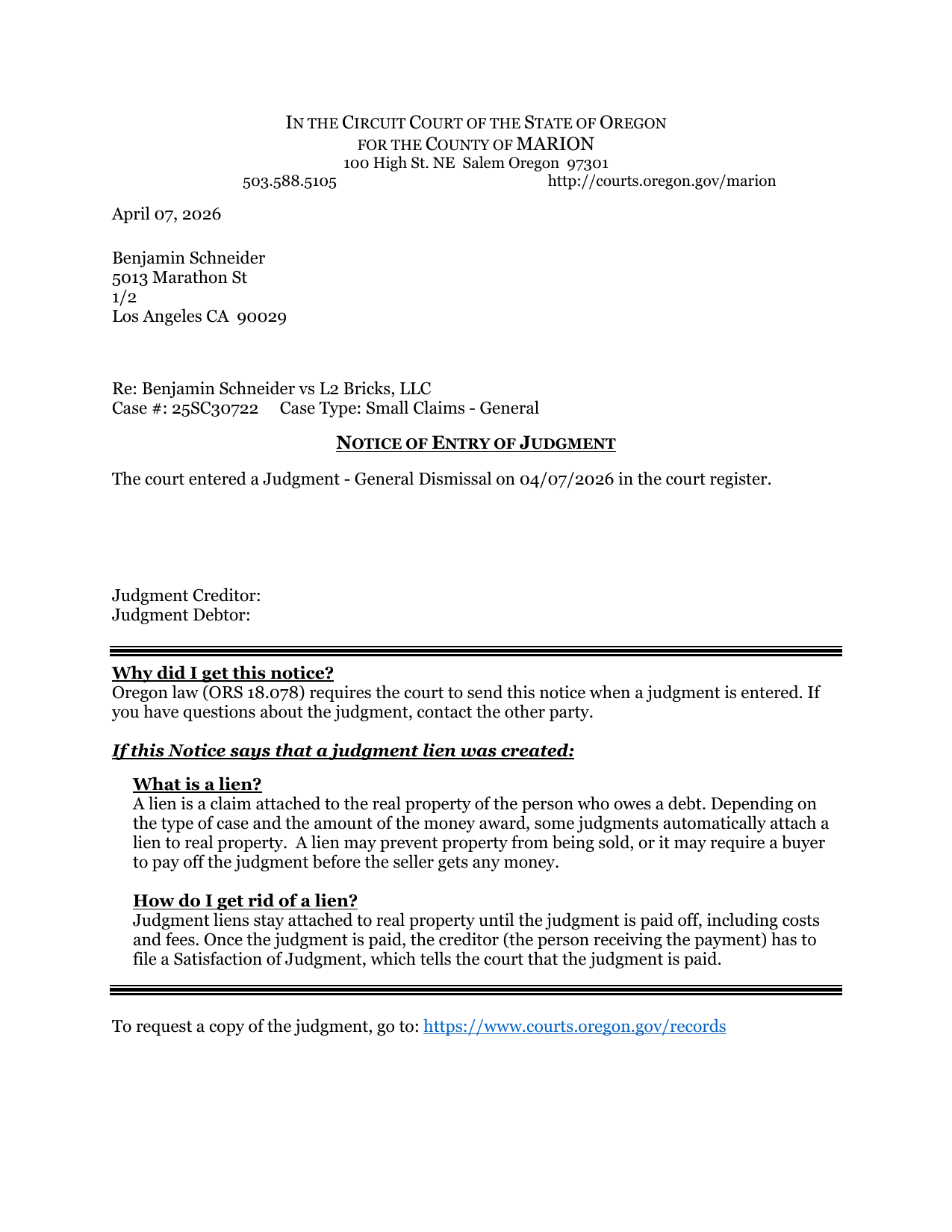 First page preview of 25SC30722 Schneider v. L2 Bricks - Notice - Entry of Judgment