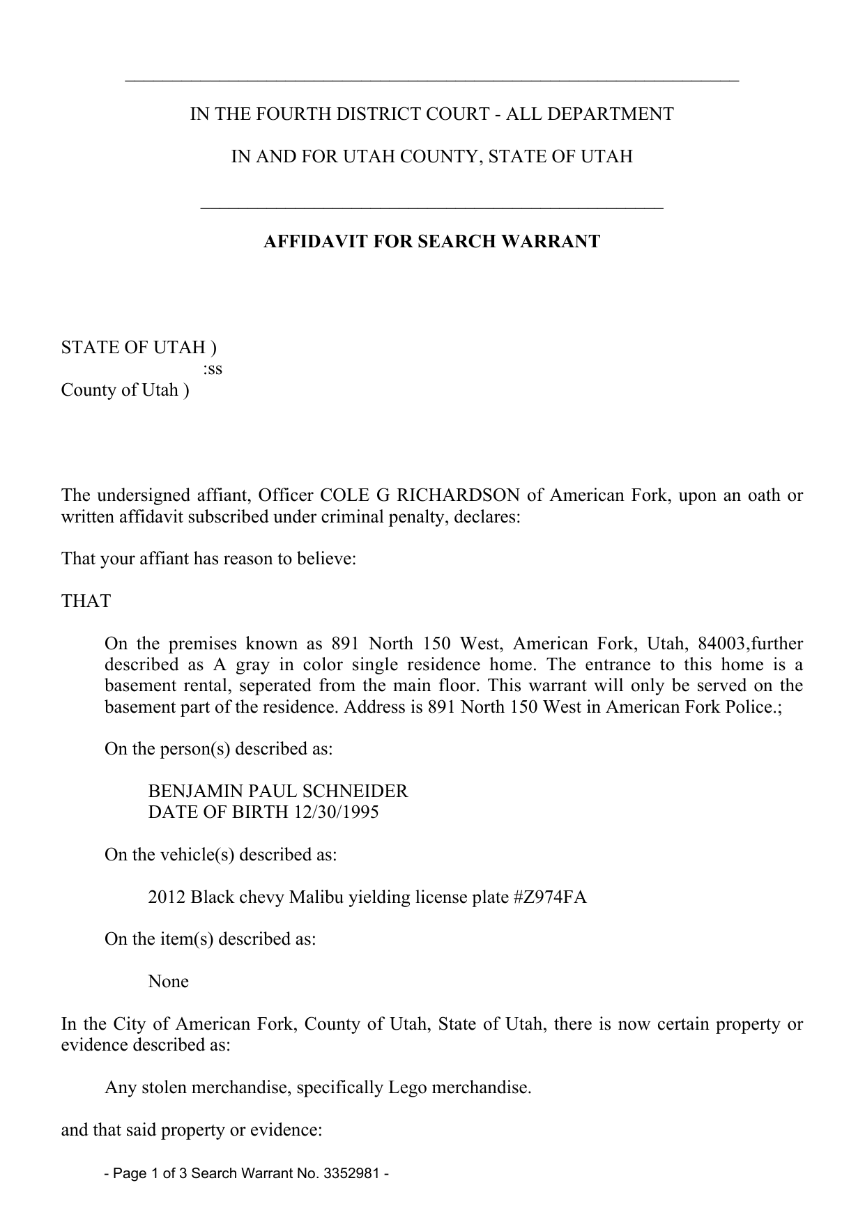 First page preview of Search warrant 3352981